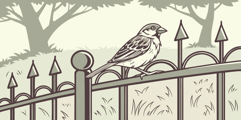 A small house sparrow resting on an iron fence with a softly blurred natural background.