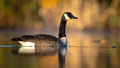 A lone waterfowl with black head and neck, floating serenely on still water, reflecting golden sunlight and autumn hues