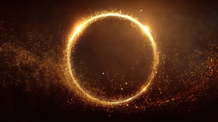 Golden shimmering circle of light with glowing particles and bokeh effect. Futuristic abstract background for celebration, award, and luxury design.