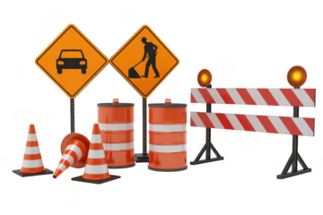 Road construction signs and cones isolated on transparent background