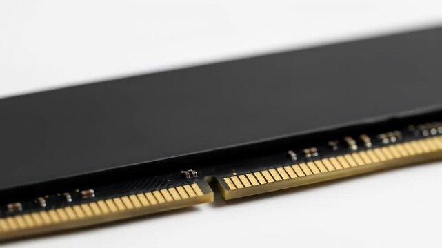 Close-up of a black computer RAM module on a white surface