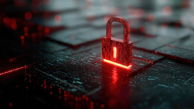 Red padlock formed from binary code on a dark digital circuit board. Data security and cyber protection concept for computer network privacy.