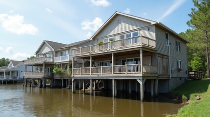 Elevated stilt homes above floodplain, breakaway ground level, louvered storm shutters
