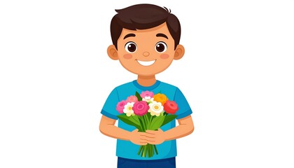 A smiling cartoon boy, brown hair and skin, wearing a blue shirt, holds a vibrant bouquet of colorful flowers. White background
