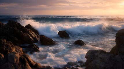 Obraz premium Dramatic sunset over a rugged rocky coastline with powerful waves crashing against the shore