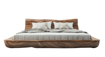Bed with wood platform, soft blankets and pillows, serene sleep setting