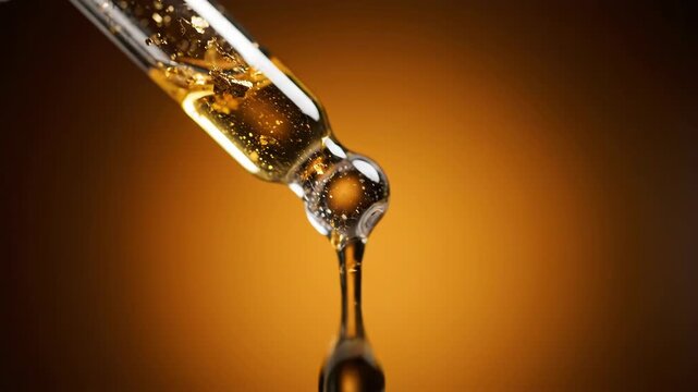 Closeup of a glass dropper with golden liquid and flakes, dispensing a drop, luxury cosmetic serum or oil vector illustration