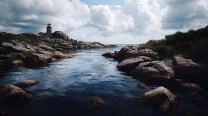 Obraz premium A scenic coastal landscape features a lighthouse standing tall on rocky shores overlooking the calm sea under a cloudy sky