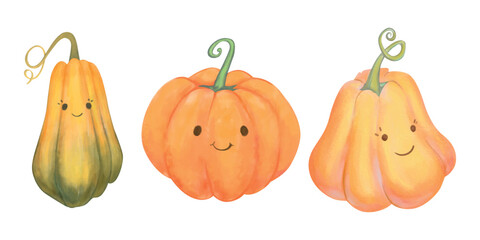 Cute watercolor-style illustration of three smiling pumpkins in different shapes and colors with simple cartoon faces. Whimsical autumn clipart for fall design, stickers, and kids’ decor