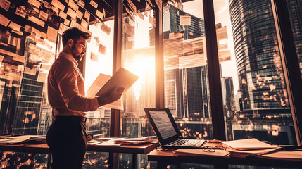 Businessman working in server room with sunset light through windows. IT specialist or data engineer with laptop among computer racks in modern technology datacenter.