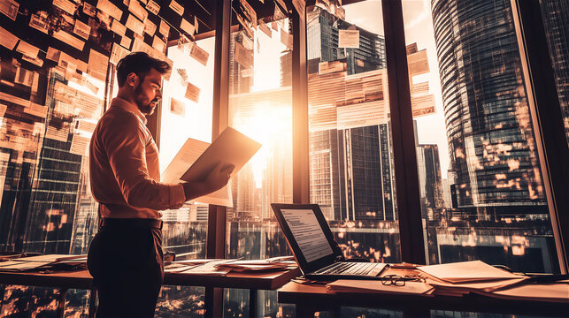 Businessman working in server room with sunset light through windows. IT specialist or data engineer with laptop among computer racks in modern technology datacenter.
