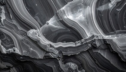 A monochrome close-up shows layered rock formations with swirling patterns and jagged edges, creating a textured, abstract landscape