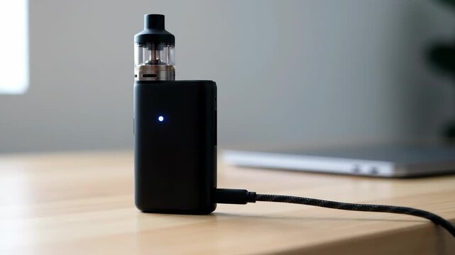 Modern vape device on wooden table with laptop blurred background