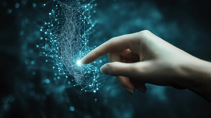 Human hand with fingertips emitting glowing particles against dark blue background. Conceptual image of digital transformation, technology, magic or energy transfer with space for text.