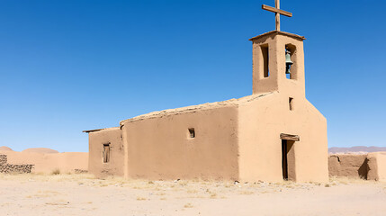 Fototapeta premium Desert Chapel: Simple adobe church with cross against a vast, clear blue sky. Located in an arid, desolate landscape with minimal vegetation.