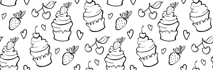 Outline seamless pattern of cupcake with frosting, cherry, strawberry and heart in clean outline. Ideal for bakery branding, wrapping, textile, card, coloring page. Vector doodle illustration.
