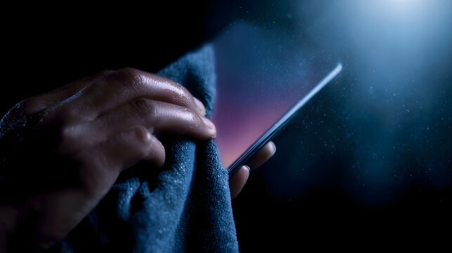 A hand gently cleans a modern smartphone screen with a blue cloth highlighted by atmospheric light and particles - Powered by Adobe