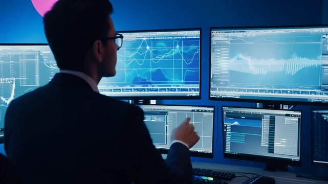 Man works with trading interface displaying analytics graphs. Interactive screens show market data. Trading station combines interface trends with real-time analytics and professional data view.