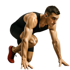 Male athlete preparing to sprint in athletic wear on white background  