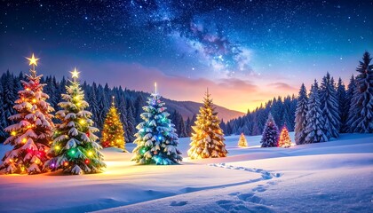 Fototapeta premium A nighttime winter scene showcasing snow-covered evergreens with glowing string lights and stars. The path in the snow leads the way