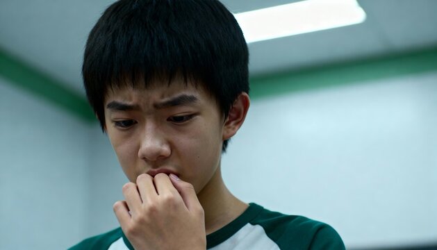 asian teen chewing nails with nervous expression, bright indoor light, tense withdrawn mood, close view