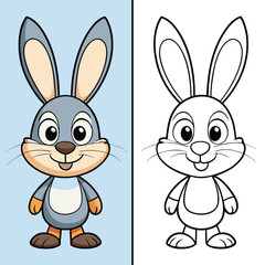 Fototapeta premium Cartoon Rabbit Coloring Page – Cute Blue Gray Bunny with Orange Shoes, Smiling Face in Outline and Colored Version for Kids