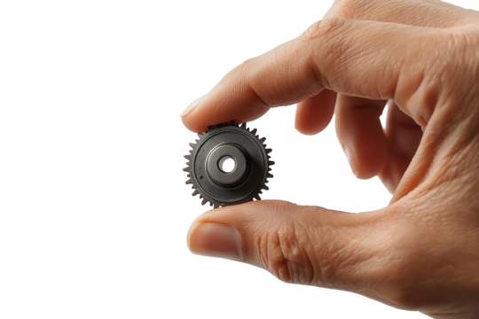 A hand delicately holds a small, intricately designed metal gear, showcasing precision engineering.