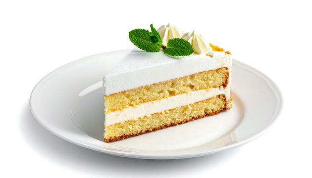 A slice of layered yellow cake with white frosting and a sprig of mint atop a white plate, isolated on a white background