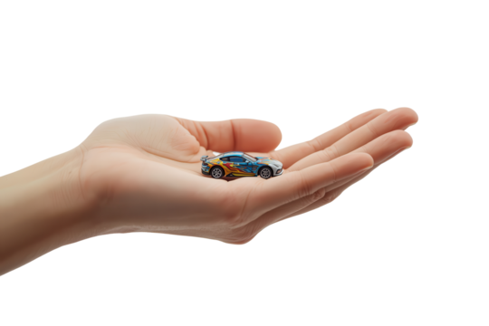 A miniature toy car, finely detailed with racing decals, rests securely in the palm of a human hand.