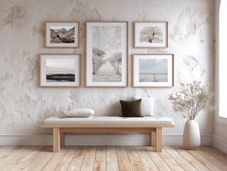 A white wall with a bench and a vase