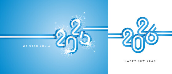 Happy New Year 2026. Argentina ribbon in the shape of 2025 and 2026. Abstract light blue ywhite flag strip of Argentina with sparkle firework isolated on white and sky blue background