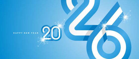 Happy New Year 2026. Combination of small and large typography in the shape of a Argentina ribbon for year 2026. Abstract light blue white ribbon flag with sparkling fireworks on blue background.ai