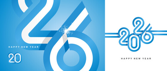 Happy New Year 2026. Combination of small and large typography in the shape of a Argentina ribbon for year 2026. Abstract light blue white ribbon flag with sparkling fireworks blue white background