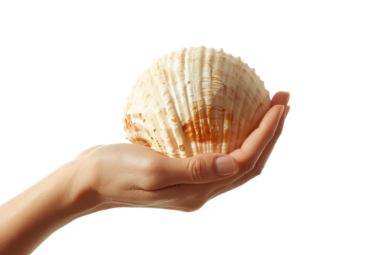 Hand presents a seashell against a transparent background, the beauty of the ocean held in a human hand.