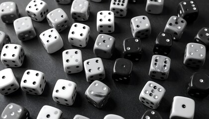 A grayscale close-up captures scattered dice with various dot arrangements on a textured surface. Dice are mostly white with black pips