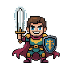 pixel knight hero, sword and shield, brave warrior mascot, retro adventure game character, medieval fantasy design, vector