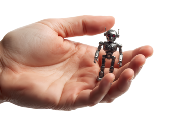 Small metallic robot toy with glowing red eyes held delicately within the palm of a human hand.