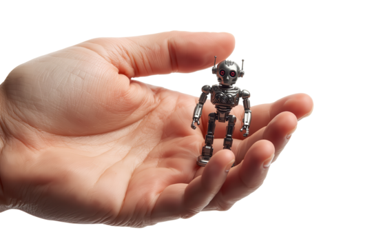 Small metallic robot toy with glowing red eyes held delicately within the palm of a human hand.