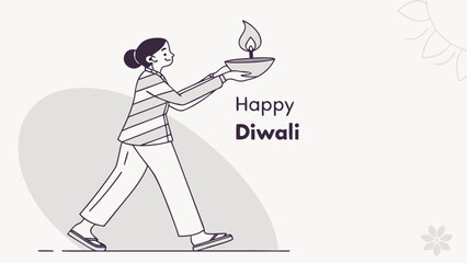 Celebrate the Festival of Lights with a Happy Diwali greeting, featuring a woman carrying a traditional diya lamp, perfect for festive designs and cultural promotions
