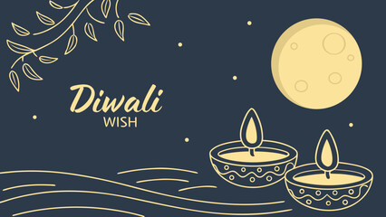 Elegant Diwali Wish Design with Glowing Oil Lamps and Moon, Perfect for Festive Greetings and Celebrations of Light and Joy, Sharing the Blessing
