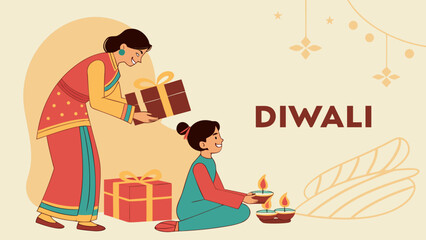 Joyful Diwali celebration with traditional gifts and glowing diyas, a heartwarming scene of cultural heritage and festive cheer perfect for holiday promotions