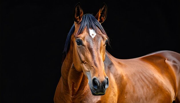 A majestic brown horse against a stark black backdrop. It displays a white diamond marking on its forehead. The animal has a dark mane
