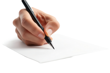 Writing a message, letter, or note on paper with a pen. A hand holding a pen over a transparent background