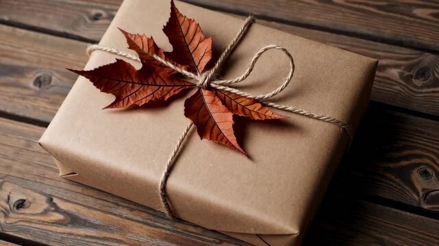 Elegant gift box with autumn leaves on rustic wooden table