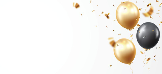 Black and gold balloons with confetti and ribbons 