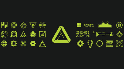 Vector art of a futuristic display of green symbols on a, showcasing a variety of abstract shapes, icons, and glyphs reminiscent of science fiction interfaces © S.Siam