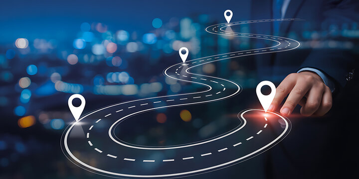 Businessman planning a route with location pins on a road map