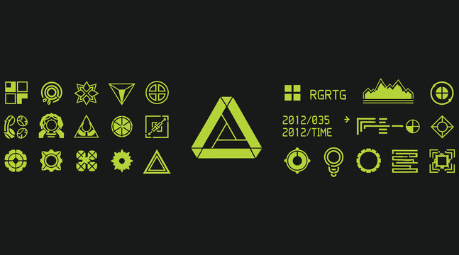 Vector art of a futuristic display of green symbols on a, showcasing a variety of abstract shapes, icons, and glyphs reminiscent of science fiction interfaces