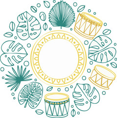Minimal line art illustration of drums, tribal masks, and tropical leaves arranged in a circular pattern, elegant black-and-white vector design symbolizing island rhythm, cultural unity, and festive 