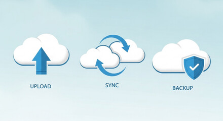 Cloud computing services concept with upload, sync, and backup icons, representing data storage and management on a light blue background